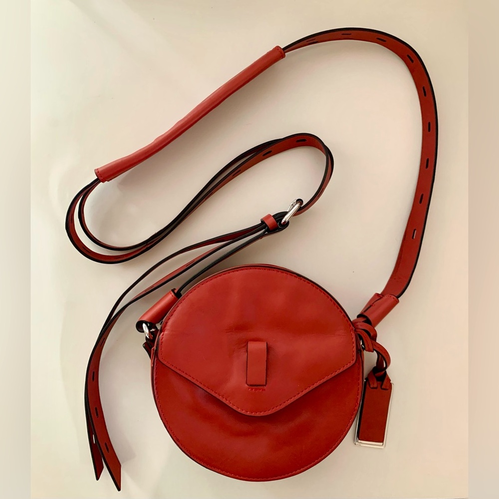 Joy Gryson red canteen circle strappy leather and suede crossbody